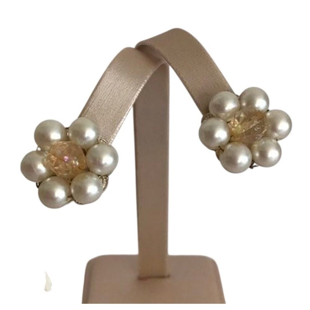 Vintage Mid Century Clip On Earrings Classic White Imitation Pearl Bead Clusters